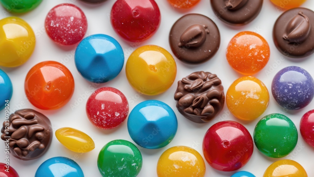Aufkleber vibrant assortment of colorful candy with various shapes and textures arranged on a white background