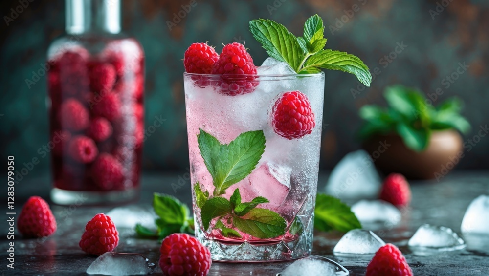 Aufkleber refreshing vintage style raspberry mint drink with ice served in a glass surrounded by fresh ingredi