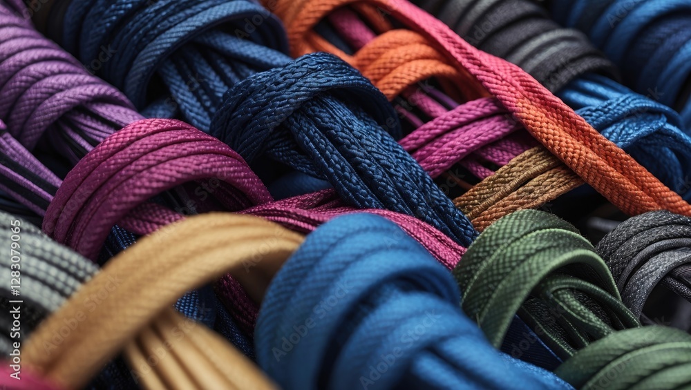 Poster Colorful shoelaces intertwined in a close-up view showcasing diverse textures and hues arranged in an artistic pattern.
