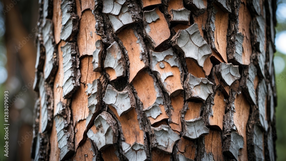 Poster Detailed close-up of textured tree bark showcasing intricate patterns and rich tones ideal for nature-themed designs and backgrounds.