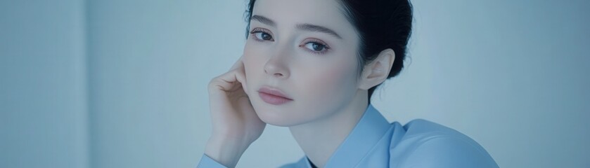 Robot and technology concept, Soft portrait of a woman in a blue outfit