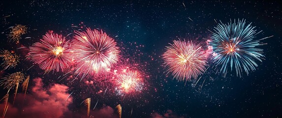 Fototapeta premium Spectacular fireworks burst in pink, blue, and white against a navy night sky. Ideal for festive promotions, holiday greetings, and celebratory designs with ample copy space.