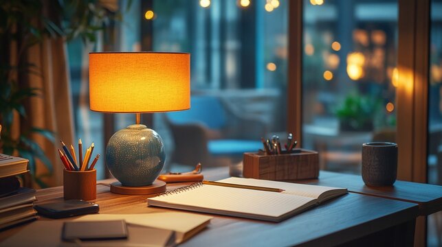 focused study session in the evening with a notebook pencil and lamp on a modern table including a diary organizer for students to plan schedules write checklist reminders and stay efficient in their 
