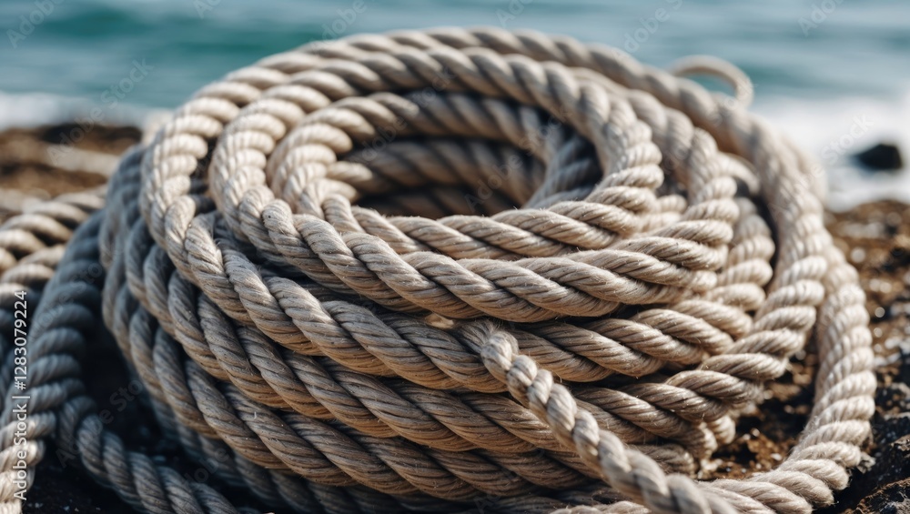 Poster coil of natural rope elegantly arranged on a rocky beach with soft waves in the background highlight