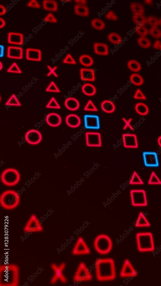 Poster red glowing shapes matrix on a grid. bokeh effect, vertical composition. technology motion graphic.