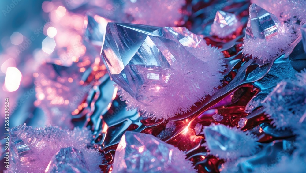 Aufkleber Macro shot of intricate ice crystals and frost formations with vibrant colors showcasing unique patterns and textures for design inspiration.