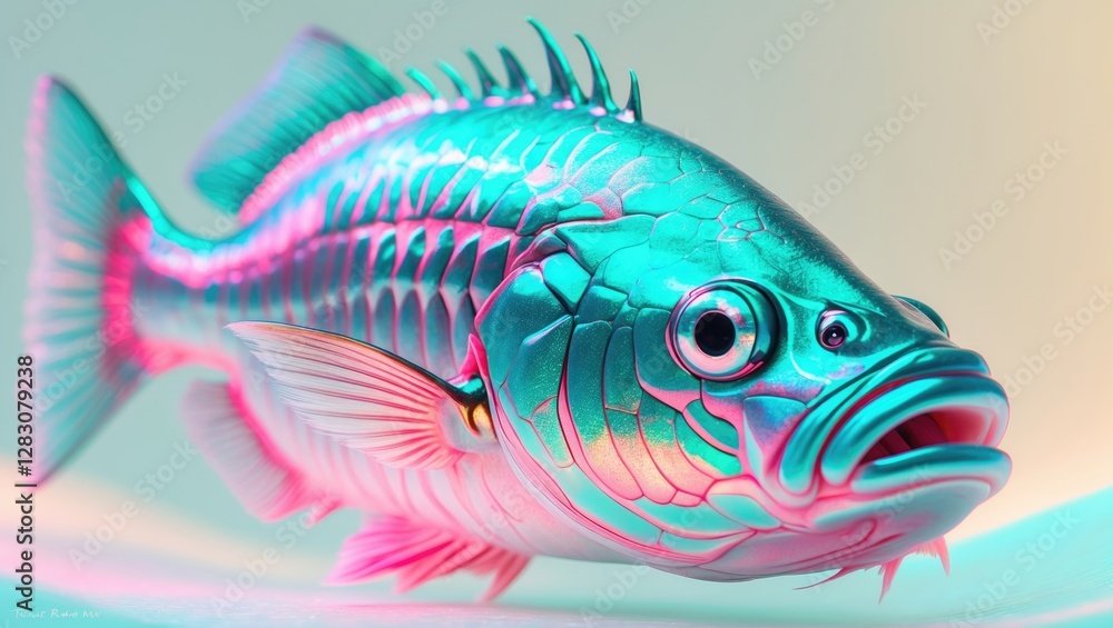 Poster Vibrantly colored codfish with a unique design on a smooth white background showcasing artistic marine life representation.