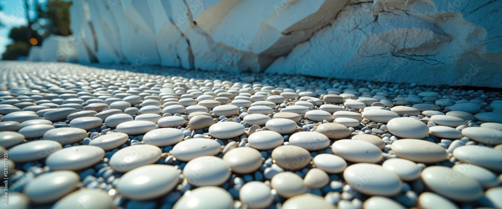 Poster Closeup view of a sidewalk crafted from numerous small white pebble stones creating a textured surface against a white rock backdrop.