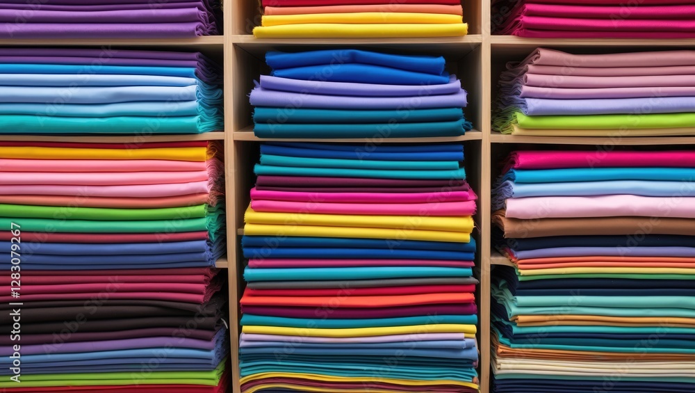 Aufkleber colorful fabric stacks neatly arranged on shelves showcasing a vibrant display of various shades and
