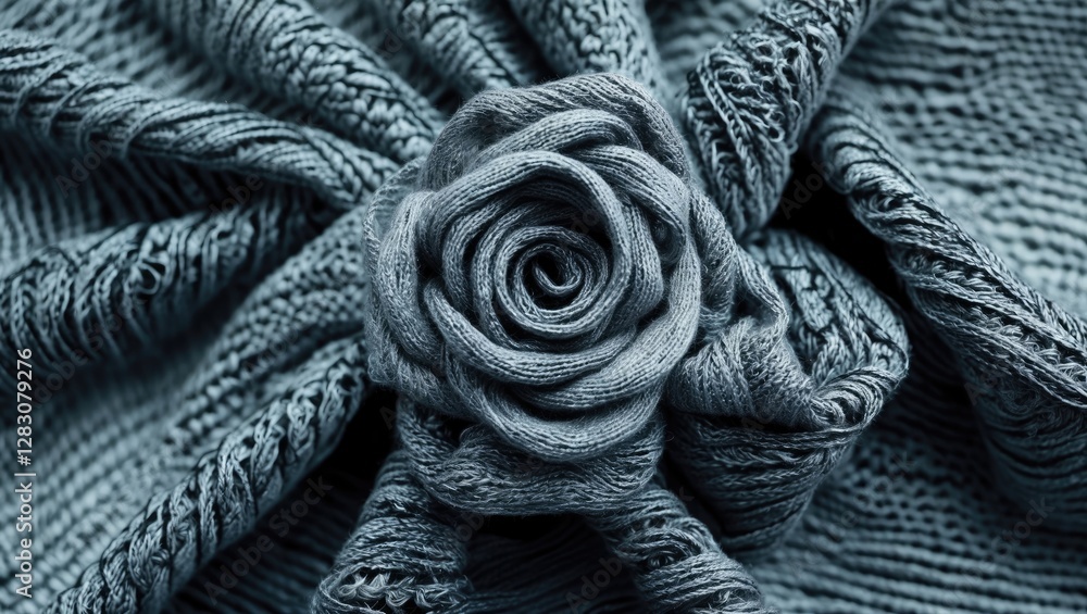 Poster textured gray knit fabric with intricate details and a rose shape, ideal for backgrounds or textile 
