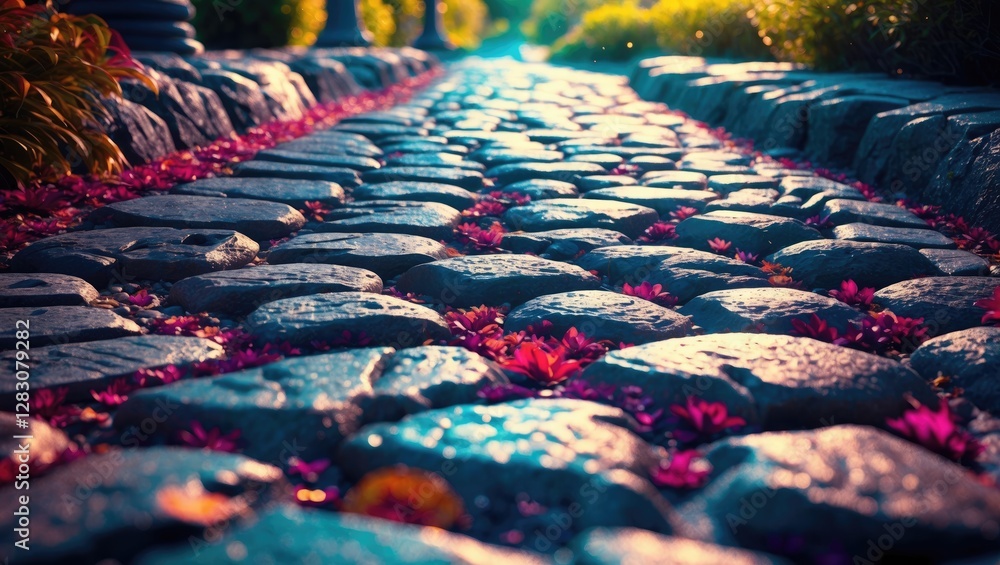 Poster charming cobblestone path adorned with colorful petals creating a serene and picturesque outdoor sce