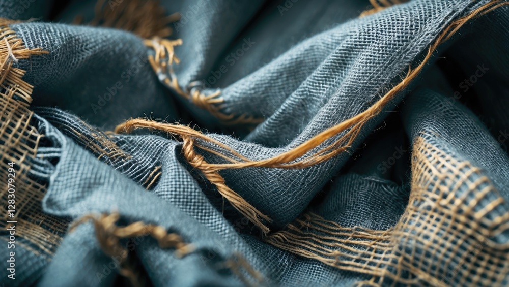 Poster Close-up view of textured gray burlap fabric showcasing frayed edges and natural fibers for use in design or textile projects.