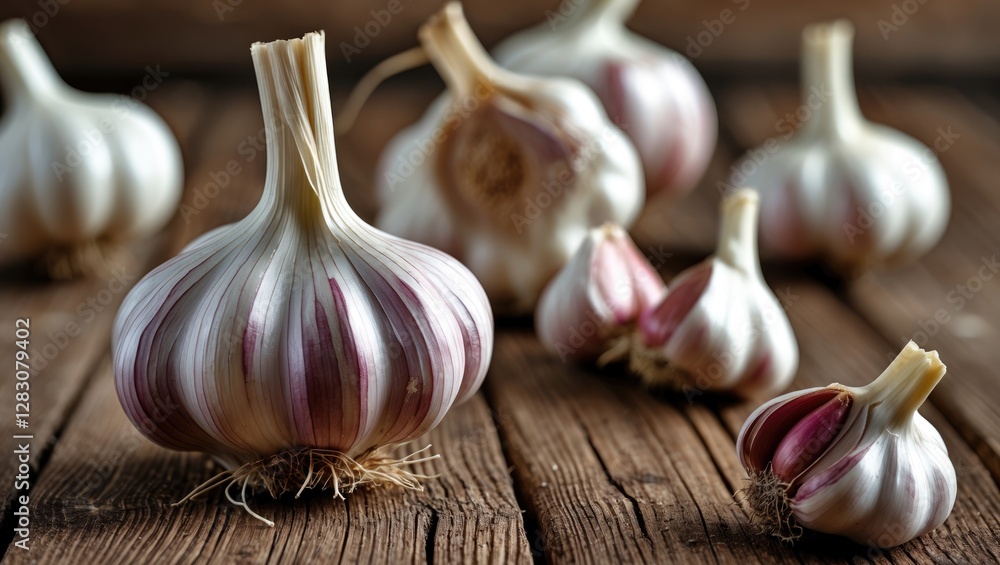 Aufkleber garlic bulbs arranged on rustic wooden surface showcasing their texture and colors ideal for culinar