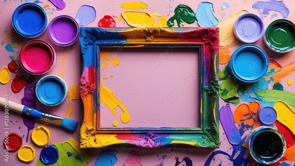 Poster colorful paint splash frame with artist tools on vibrant palette background for creative and artisti