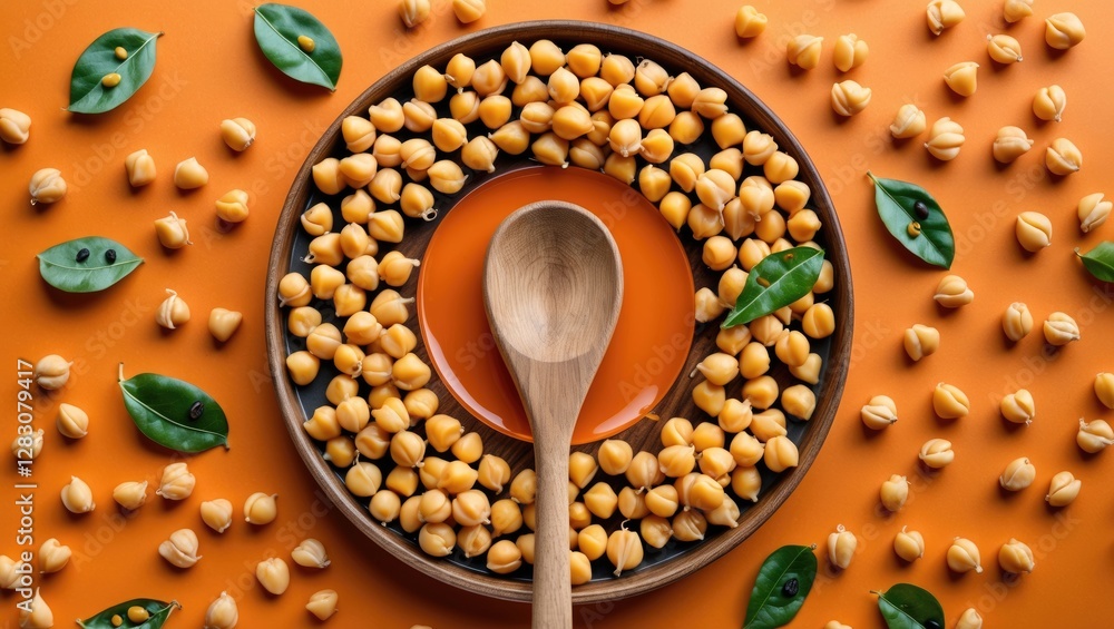 Poster Chickpeas and beans arranged in a circular pattern on an orange background with a wooden spoon in the center, surrounded by green leaves.