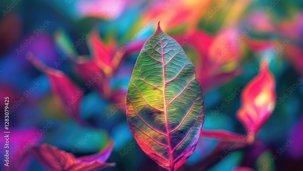 Poster vibrant close-up of a colorful leaf with selective focus showcasing intricate texture and rich hues 