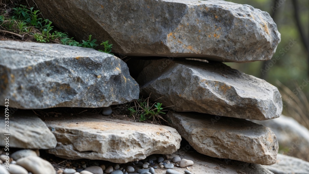 Poster close-up of layered stones with greenery in natural outdoor setting highlighting texture and details