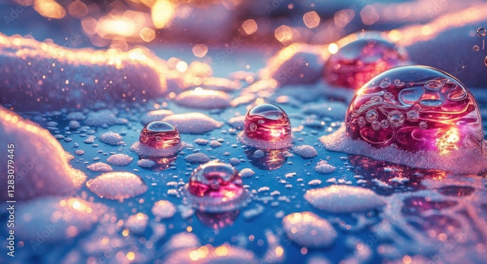 Poster intricate close-up of frozen water droplets with air bubbles and natural textures reflecting soft li