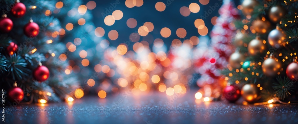 Poster christmas trees with decorations and glowing lights in a festive atmosphere with bokeh effect on a d