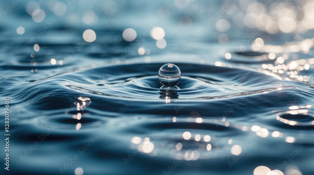 Aufkleber Rippling water surface with droplet and bokeh reflections creating a serene and tranquil aquatic ambiance