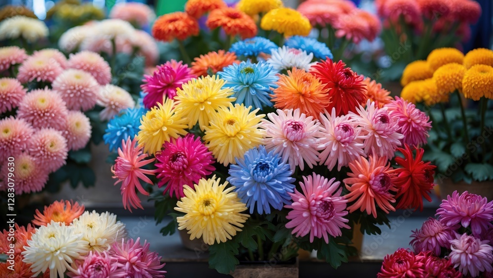 Poster vibrant display of colorful chrysanthemum flowers showcasing a stunning array of hues in a lively fl
