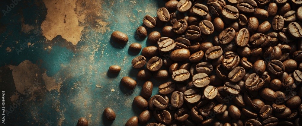 Poster dark roasted coffee beans scattered on a textured blue and brown grunge background creating a rustic