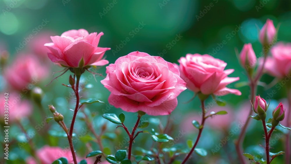 Poster close up view of vibrant pink roses surrounded by lush greenery creating a serene and enchanting nat