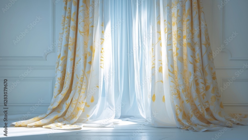 Poster Elegant translucent white curtains with floral pattern cascading in soft sunlight against a minimalist backdrop creating a serene interior atmosphere.