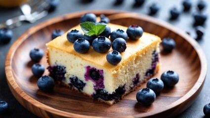 Delicious blueberry cake slice on wooden plate garnished with fresh berries and mint leaves against a blurred background setting.