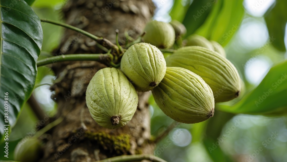 Poster close up of areca nuts growing on tree branch surrounded by green foliage in a tropical environment.