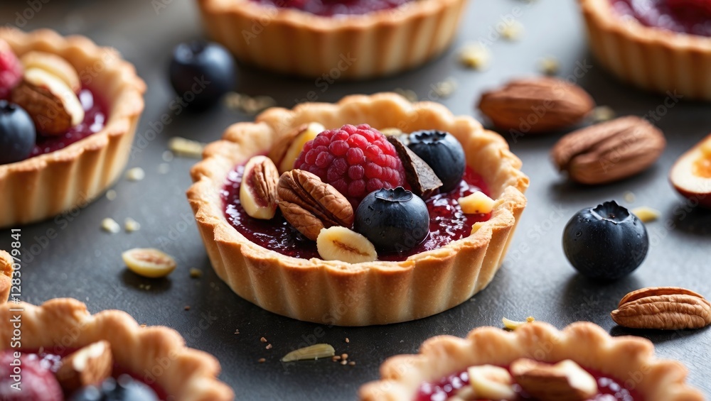 Poster delicious fruit and nut tartlets beautifully arranged on a dark surface showcasing vibrant colors an