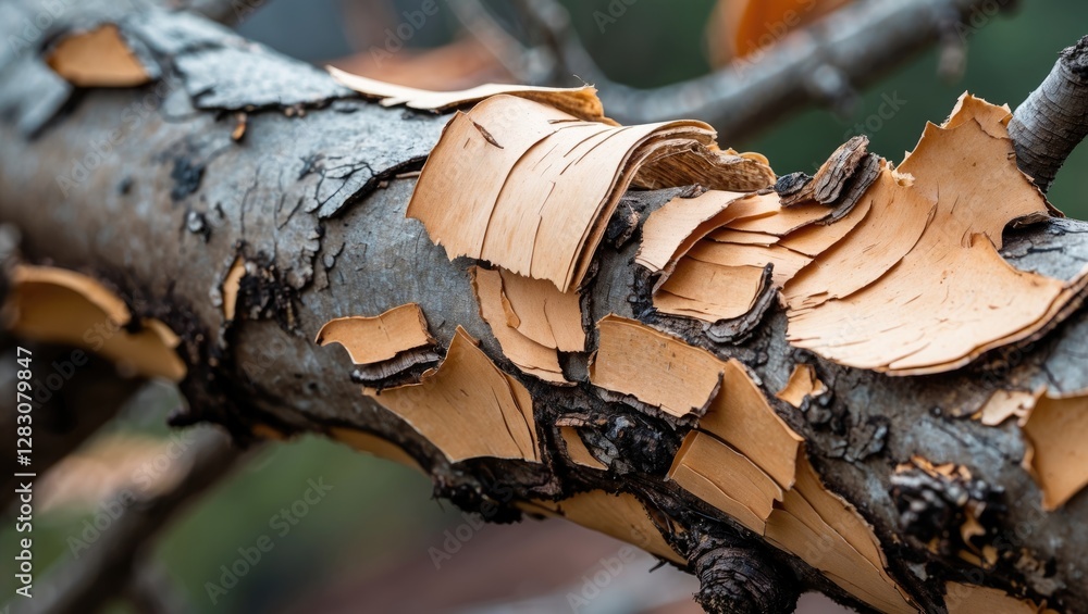 Aufkleber Peeling bark texture on a branch showcasing intricate natural patterns and colors in a close-up view of a tree's surface.