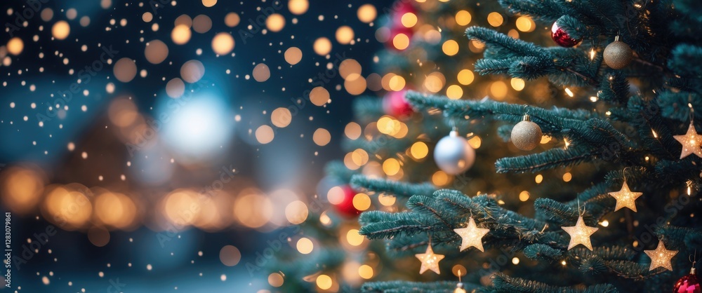 Poster christmas tree adorned with ornaments and lights in a snowy setting with blurred background bokeh ef