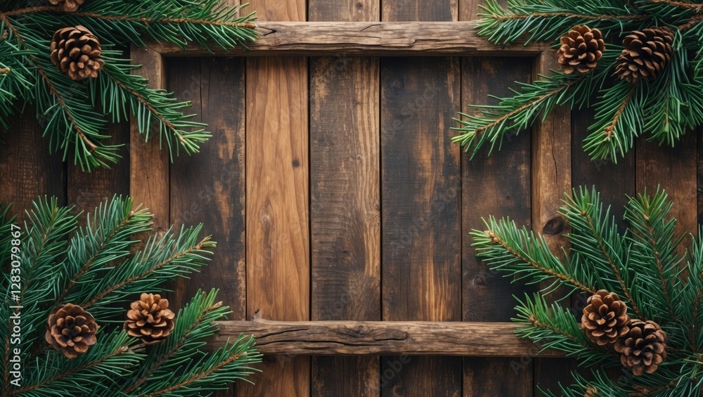 Poster wooden background with pine branches and pine cones creating a rustic frame for holiday or natural t