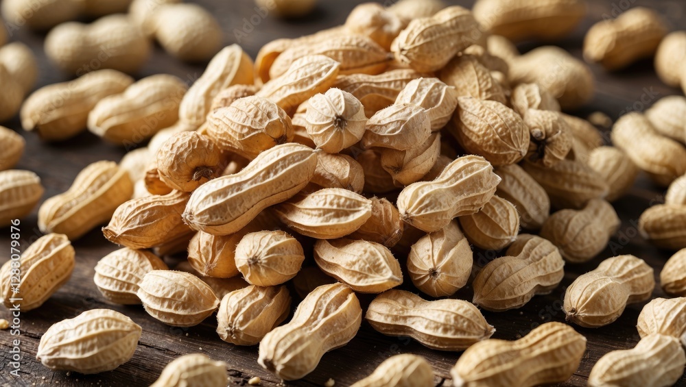 Poster close-up view of dried peanuts in their shells on a wooden surface showcasing texture and natural co