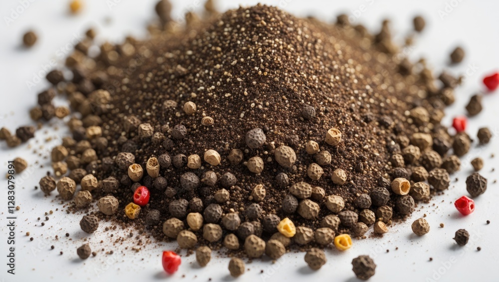 Poster closeup of a heap of black pepper powder with whole peppercorns and colorful spices on white backgro