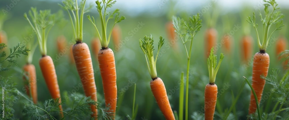 Poster freshly harvested carrots in green field with blurred background and space for text or marketing mes