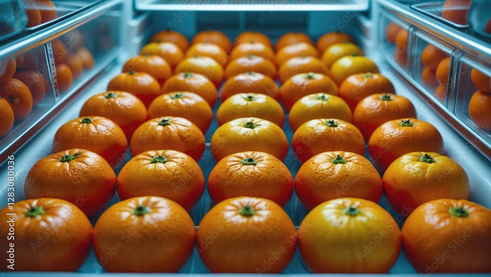 Aufkleber Fresh tangerines neatly arranged in rows inside a refrigerator showcasing their vibrant color and freshness on a clean white backdrop