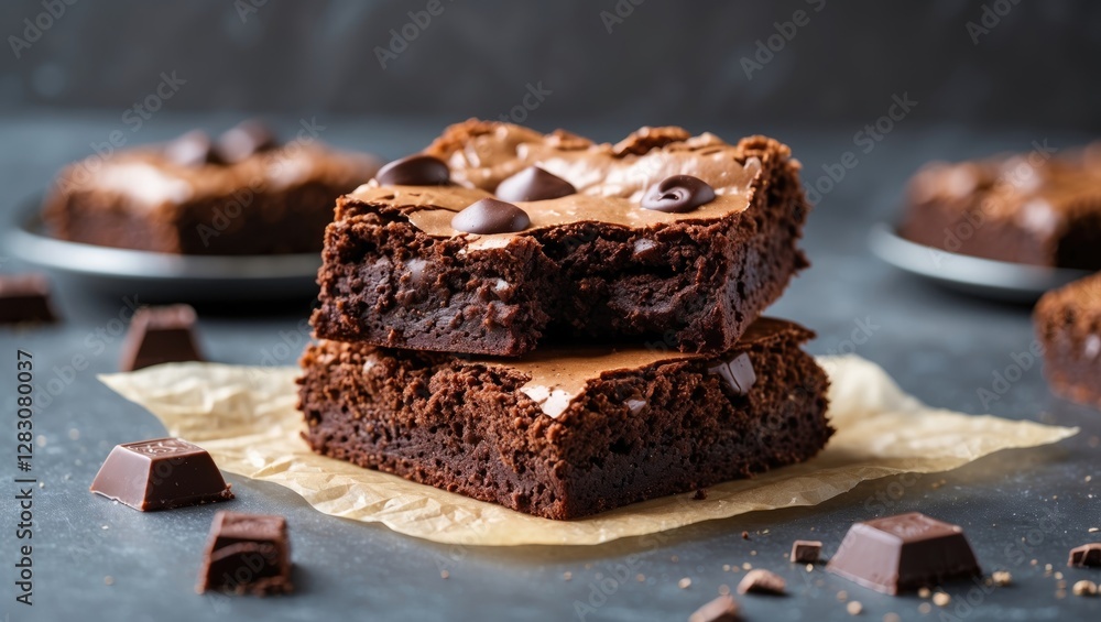 Poster Decadent Chocolate Brownies Stacked with Rich Toppings and Empty Space for Text on a Dark Background