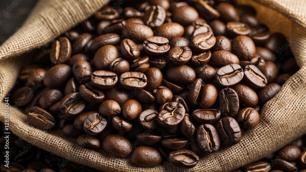 Poster freshly roasted coffee beans spilling from a burlap bag showcasing their rich texture and color on a