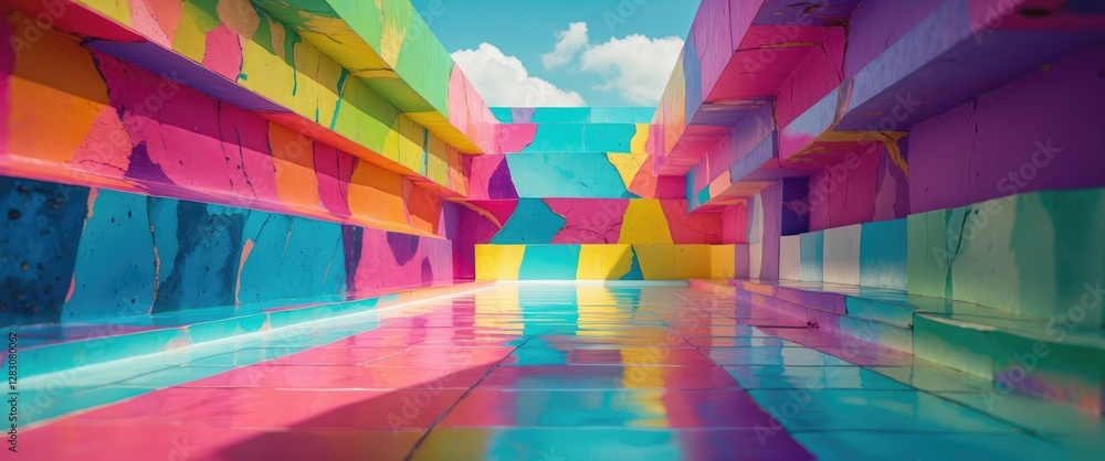 Aufkleber Vibrant abstract mural with colorful geometric patterns reflecting in a serene water pool under a bright sky.