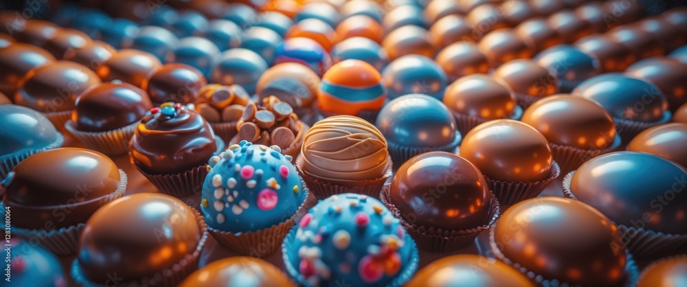 Poster assorted chocolate truffles and colorful confectionery sweets arranged in an appealing pattern on a 
