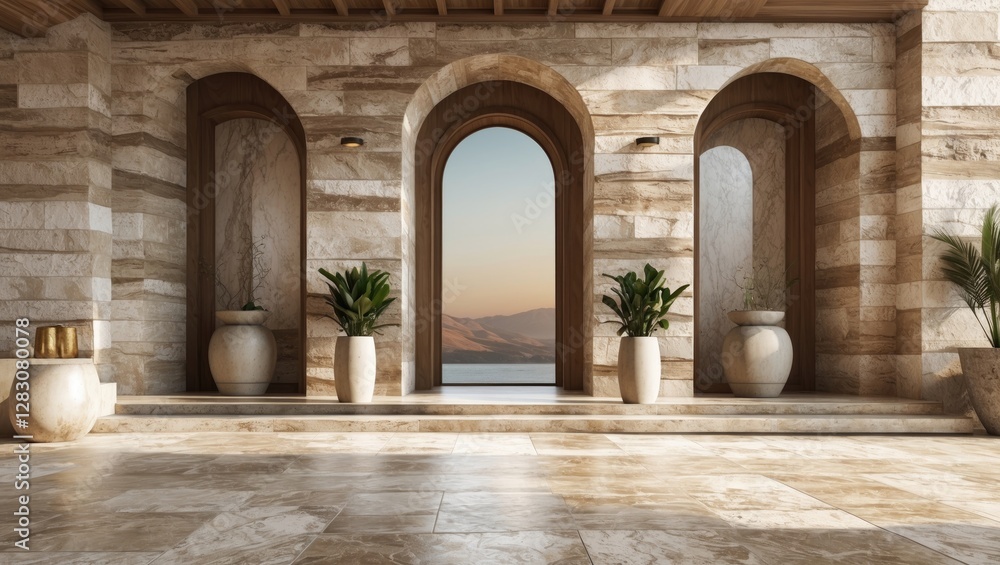 Poster elegant travertine stone interior with arched doorways and decorative plants creating a serene and i