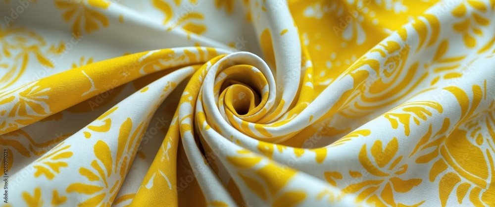Poster spiral of yellow and white patterned fabric showcasing intricate floral design and texture for texti