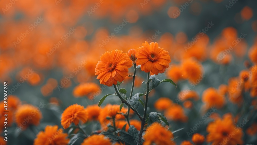 Poster Vibrant orange flowers in soft focus with blurred background creating a warm and dreamy atmosphere suitable for design and decoration projects.