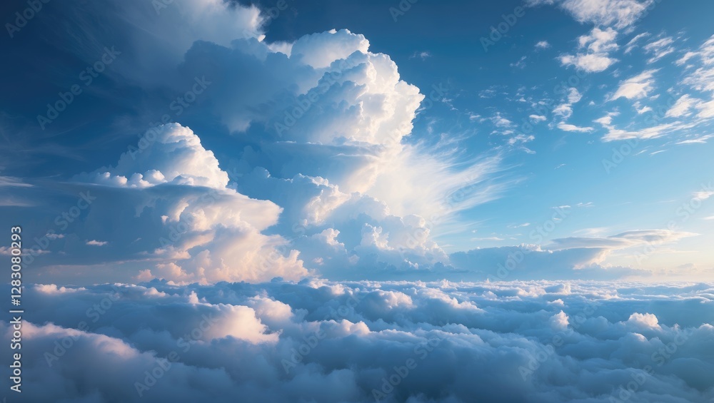 Poster Majestic clouds against a bright blue sky creating a serene and abstract background for various design and creative projects.