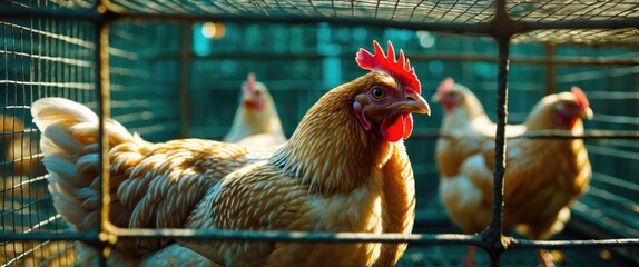 Caged chickens in a poultry farm with natural light creating warm tones and a blurred background of other chickens in cages