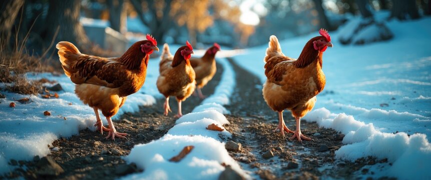 Chickens walking on a snowy dirt road in a rural environment during winter with trees in the background