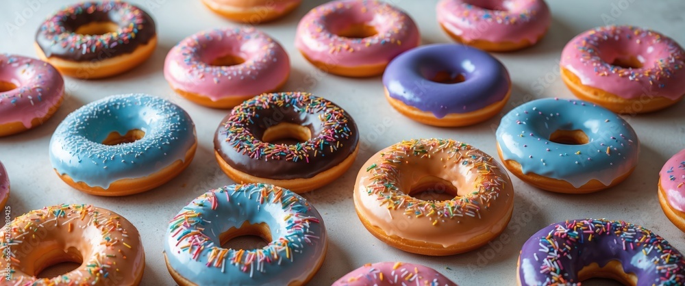 Aufkleber Assorted colorful donuts with sprinkles arranged on a light countertop background ideal for bakery or dessert-themed designs
