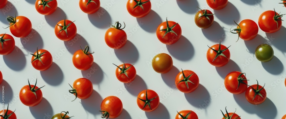 Poster assorted cherry tomatoes with green stems arranged in a pattern on a white background natural lighti